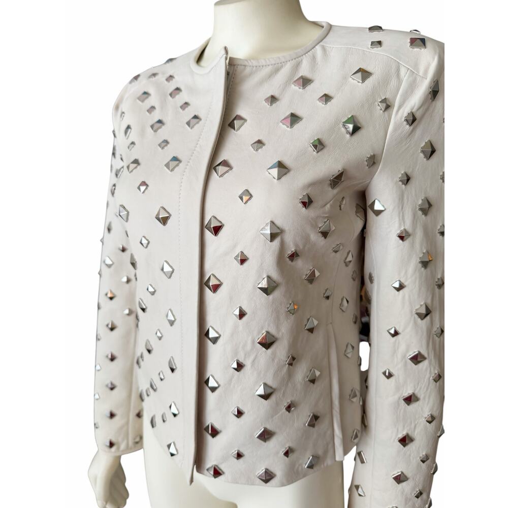 Diane Von Furstenberg Kate Leather Studded Cream Silver Jacket Sz 2 - Picture 4 of 16